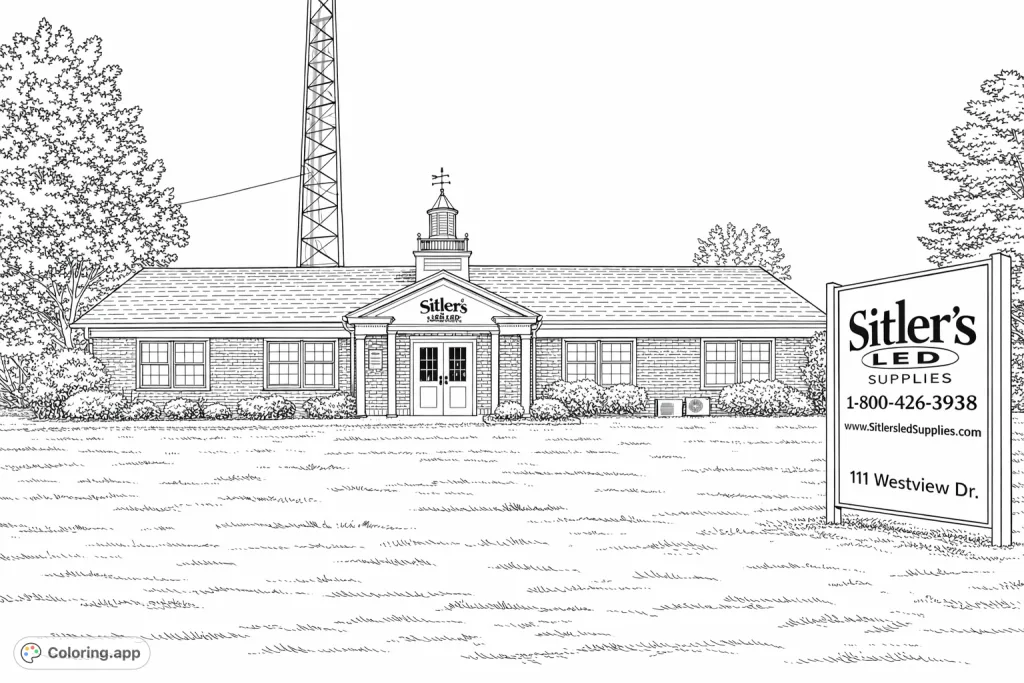 A detailed realistic depiction of a charming brick business building, complete with a cupola, surrounded by a grassy lawn and backed by a towering structure.