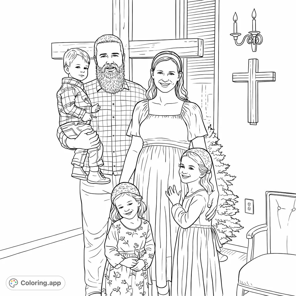 A heartwarming family portrait coloring page featuring a dad, pregnant mom, and three children against a backdrop with crosses. Perfect for family and faith themes.