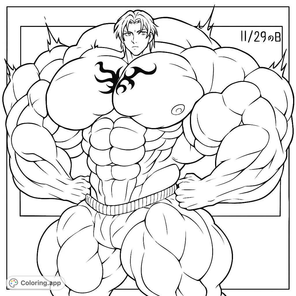 Unleash your creativity on a powerful, highly muscular figure with exaggerated physique and a tribal tattoo, set against an abstract background.
