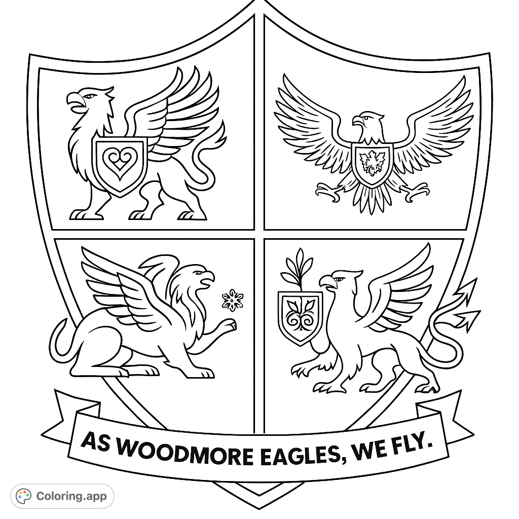 Explore a detailed heraldic crest featuring four unique mythical creatures and symbols. A captivating design for all ages to color.