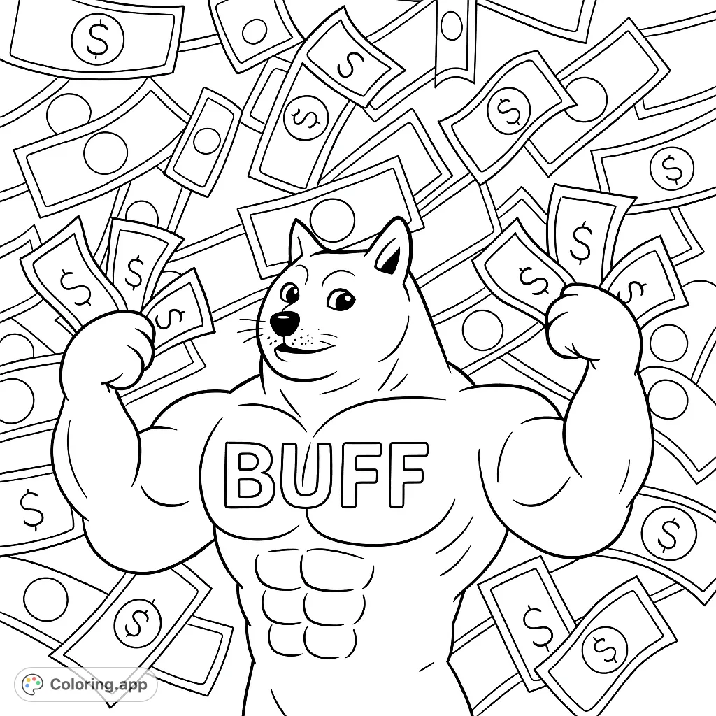 Color a powerful, muscular dog character holding currency notes, with more notes falling in the background. A fun, cartoony design for all ages.