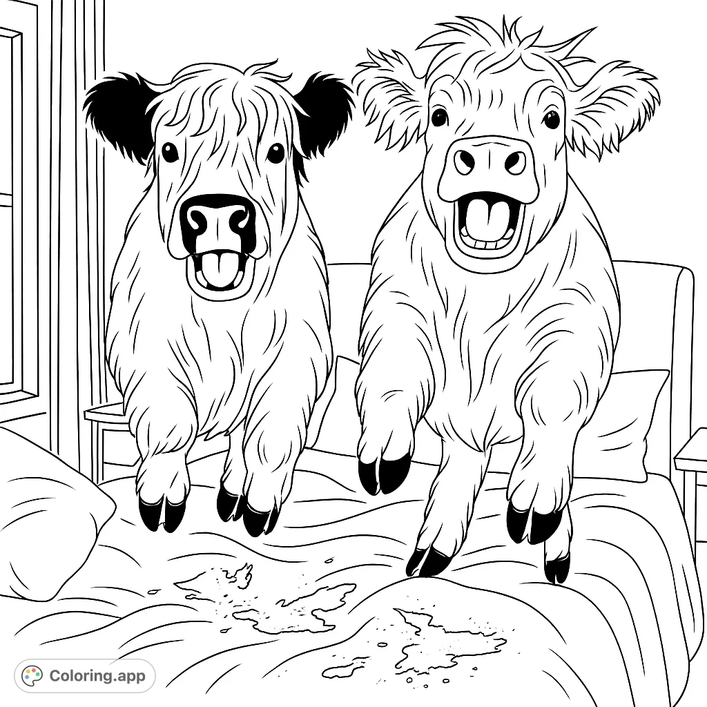 Two adorable, fluffy calves joyfully jumping on a rumpled bed, creating a whimsical and playful scene perfect for coloring fun.
