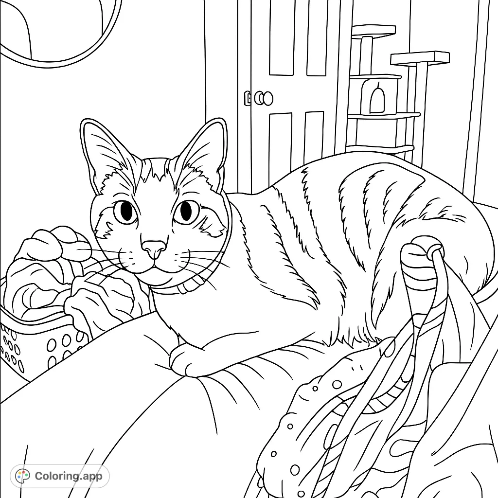 A charming domestic cat with distinctive fur patches sits attentively in a cozy indoor setting, perfect for a relaxing and detailed coloring experience.