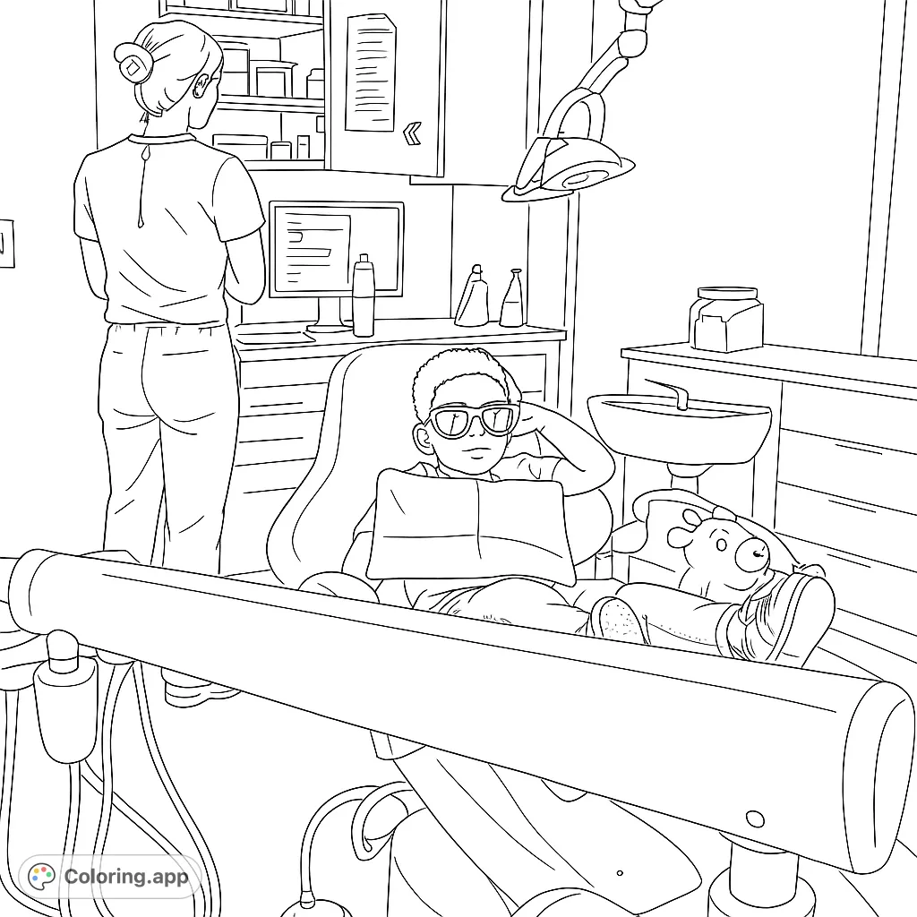 A child in a dental chair with sunglasses, ready for a check-up. Features a dental professional and clinic setting. A fun, educational coloring page.