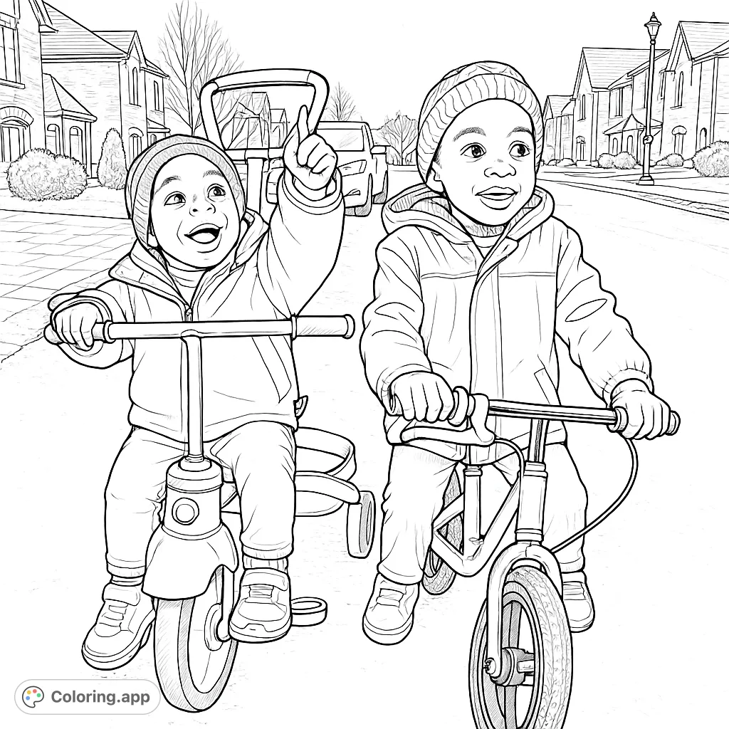 Two happy children on a tricycle and balance bike, exploring their neighborhood. A delightful scene for young colorists.