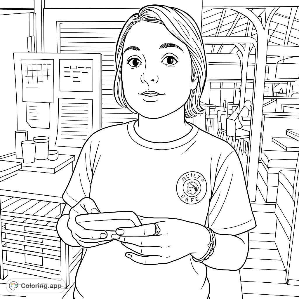A woman stands holding a phone in an indoor setting with a counter and distant seating, offering a relatable scene for coloring.