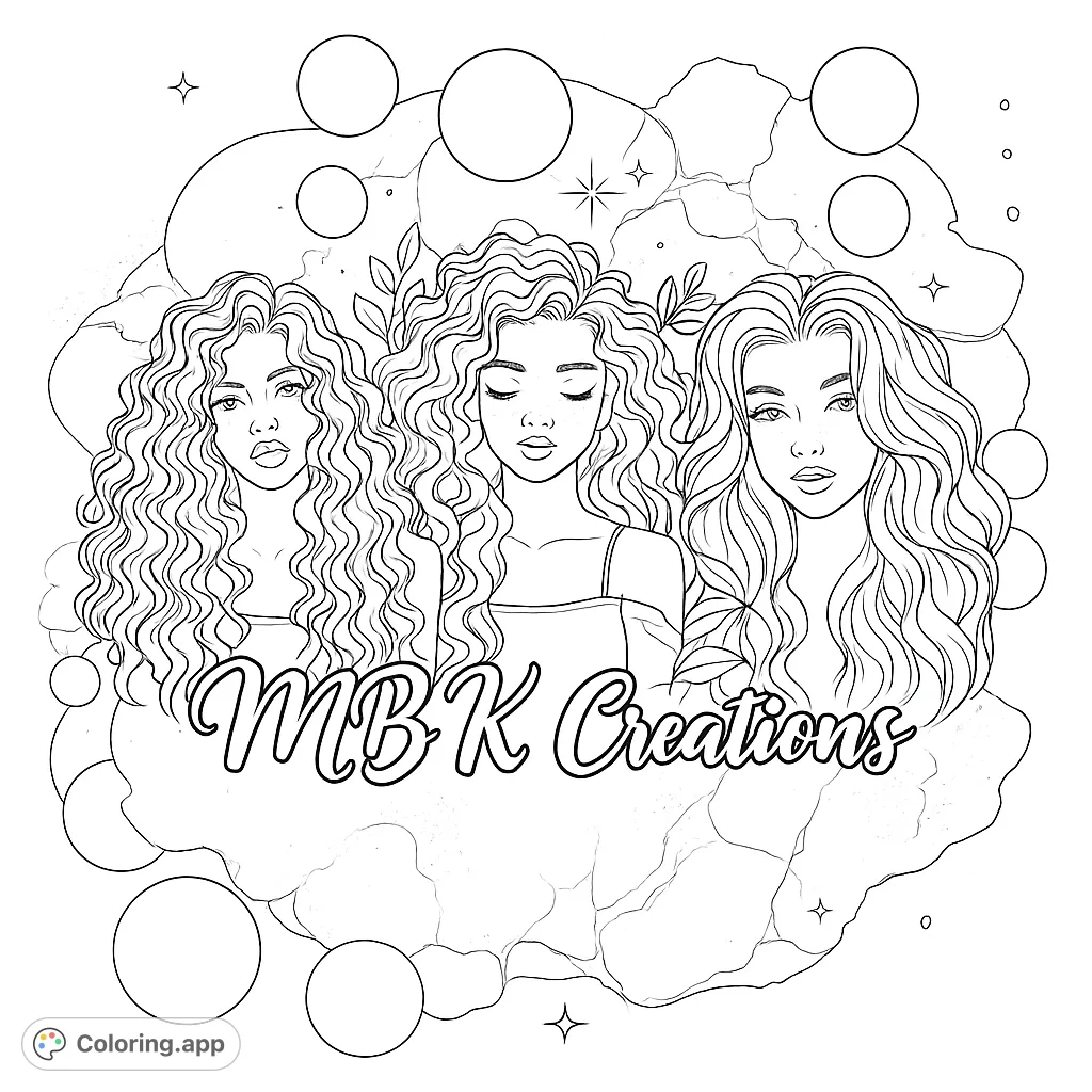 Color a stunning page featuring three glamorous women with beautiful curly hair and an abstract, sparkling background. Perfect for fashion and beauty enthusiasts!