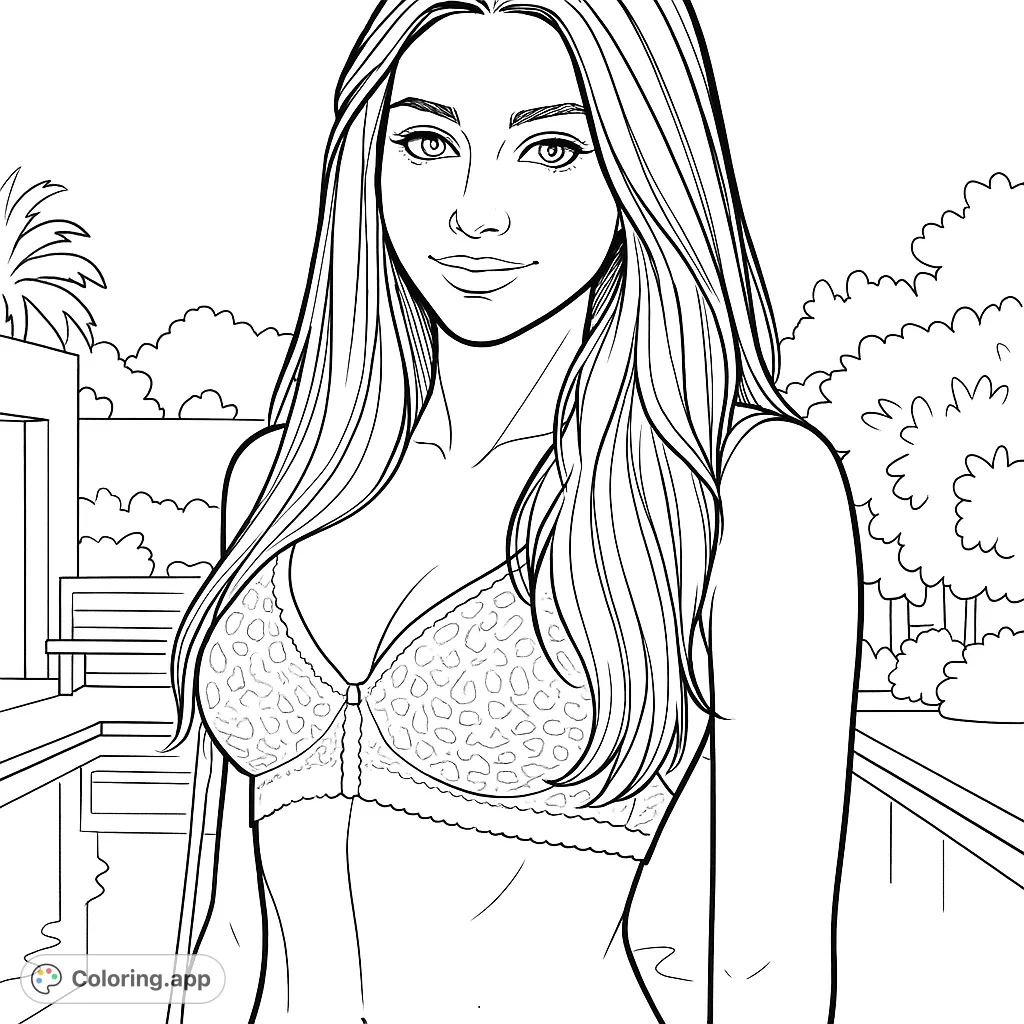 A captivating portrait of a woman in a patterned bra by a poolside, offering intricate details for a relaxing coloring experience.