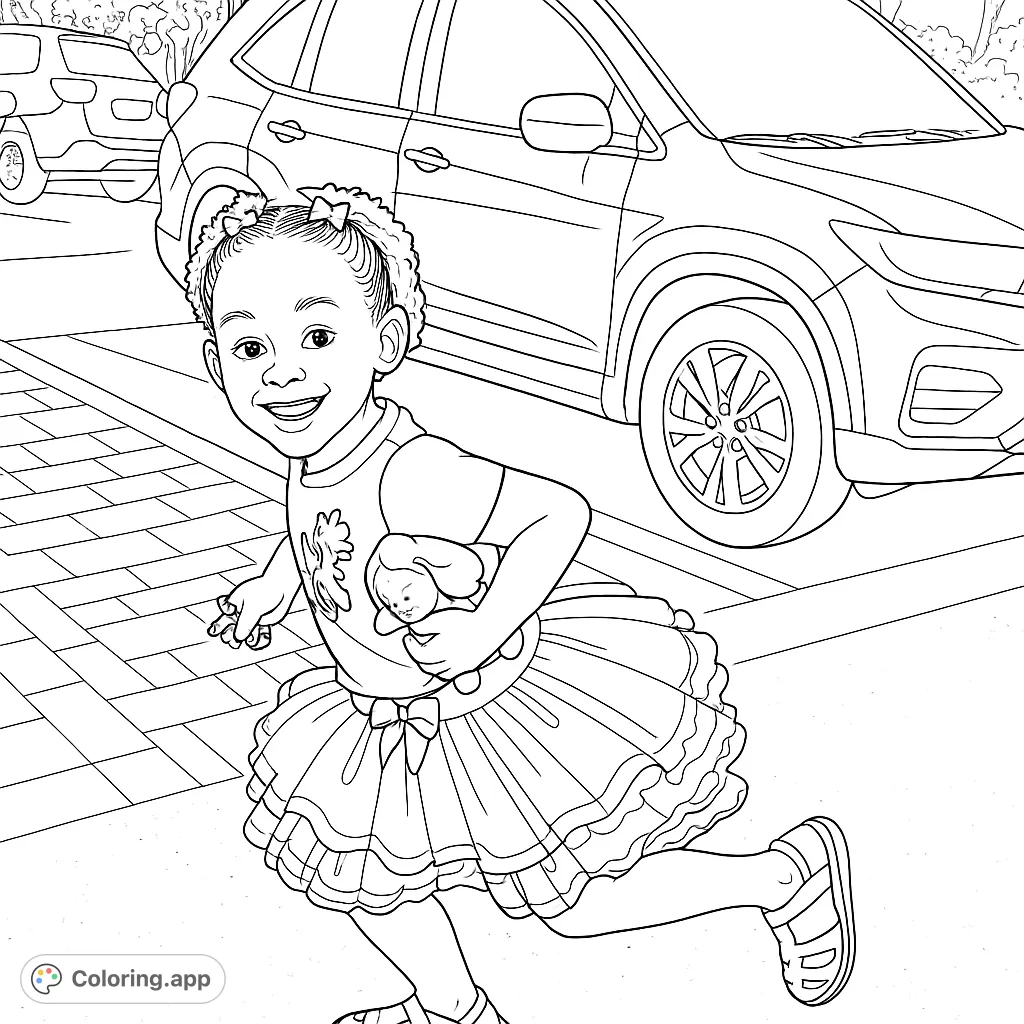 A delightful coloring page featuring a joyful child skipping outdoors in a layered tutu, holding toys. Perfect for creative fun!