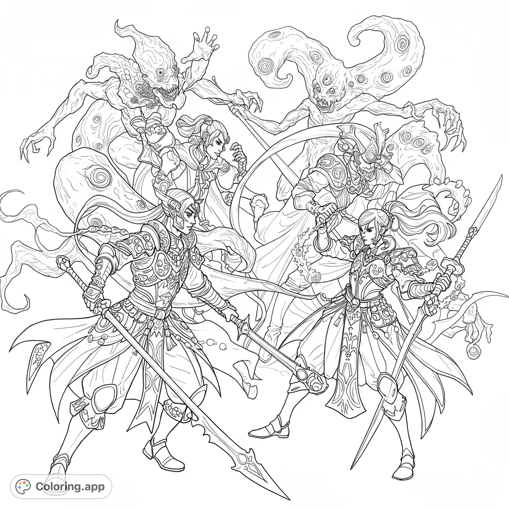 Unleash your creativity with K-pop inspired demon hunters in dynamic action, blending stage fashion with fantasy armor. A thrilling, detailed coloring page.