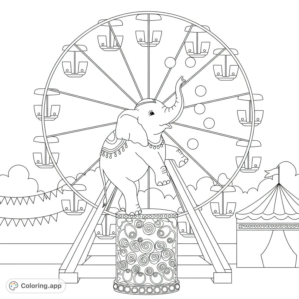 A whimsical scene featuring a talented elephant juggling atop a grand ferris wheel, set against a lively carnival backdrop. Perfect for creative fun!