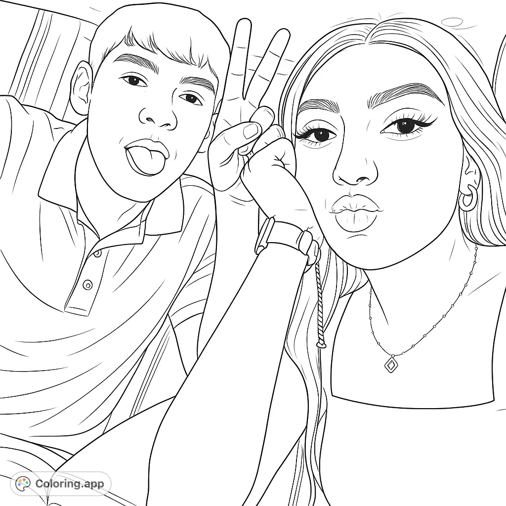 A fun coloring page featuring two young individuals in a car, one making a peace sign and the other a playful face. Perfect for casual coloring.