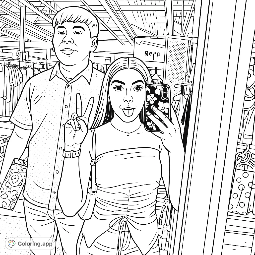 Capture a fun shopping moment with this mirror selfie coloring page. Features two friends in a retail store, perfect for creative expression.