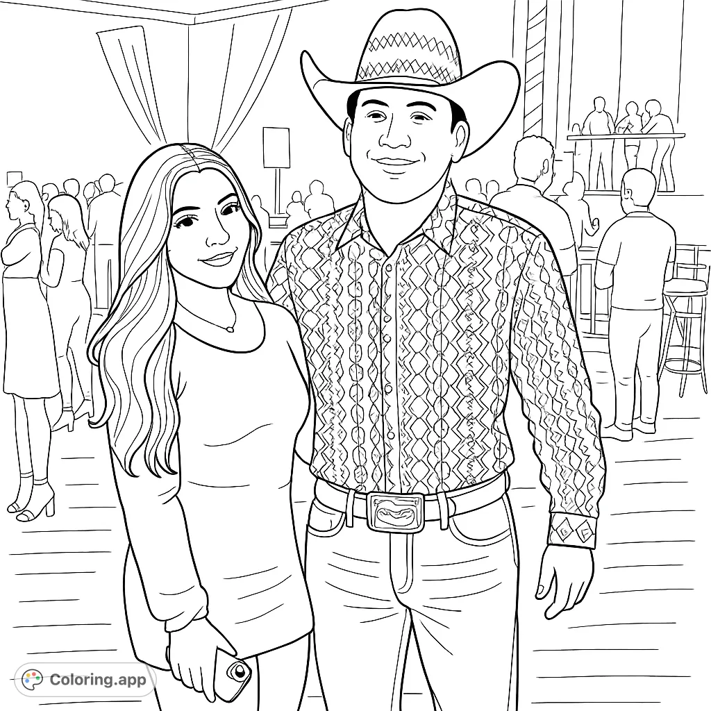 Color a stylish Western couple in a lively setting. Features a cowboy hat, patterned shirt, and a detailed belt buckle. Perfect for all ages!