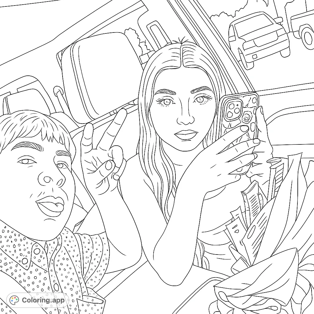 Capture a fun car ride moment with two friends, complete with playful poses and road trip essentials. A dynamic scene perfect for creative coloring.