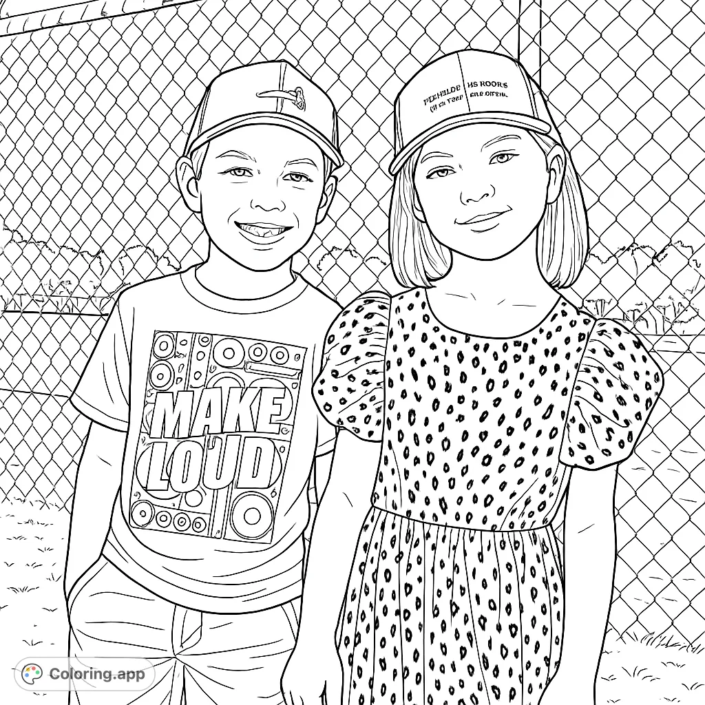 Two cheerful kids at a baseball field, ready for fun. A delightful scene for a free printable coloring page, perfect for sports fans and friends.