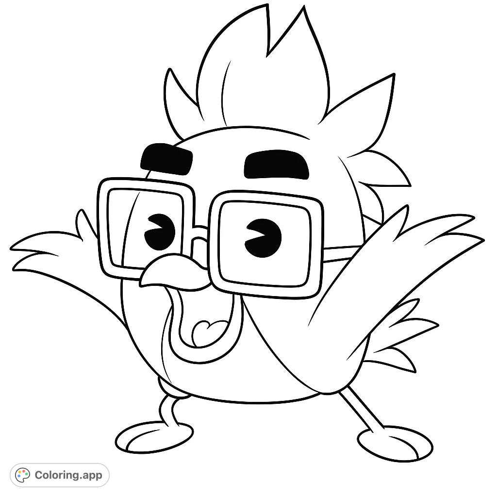 A cheerful cartoon bird with large glasses and outstretched wings, ready for a burst of creative colors on this fun, free printable coloring page.