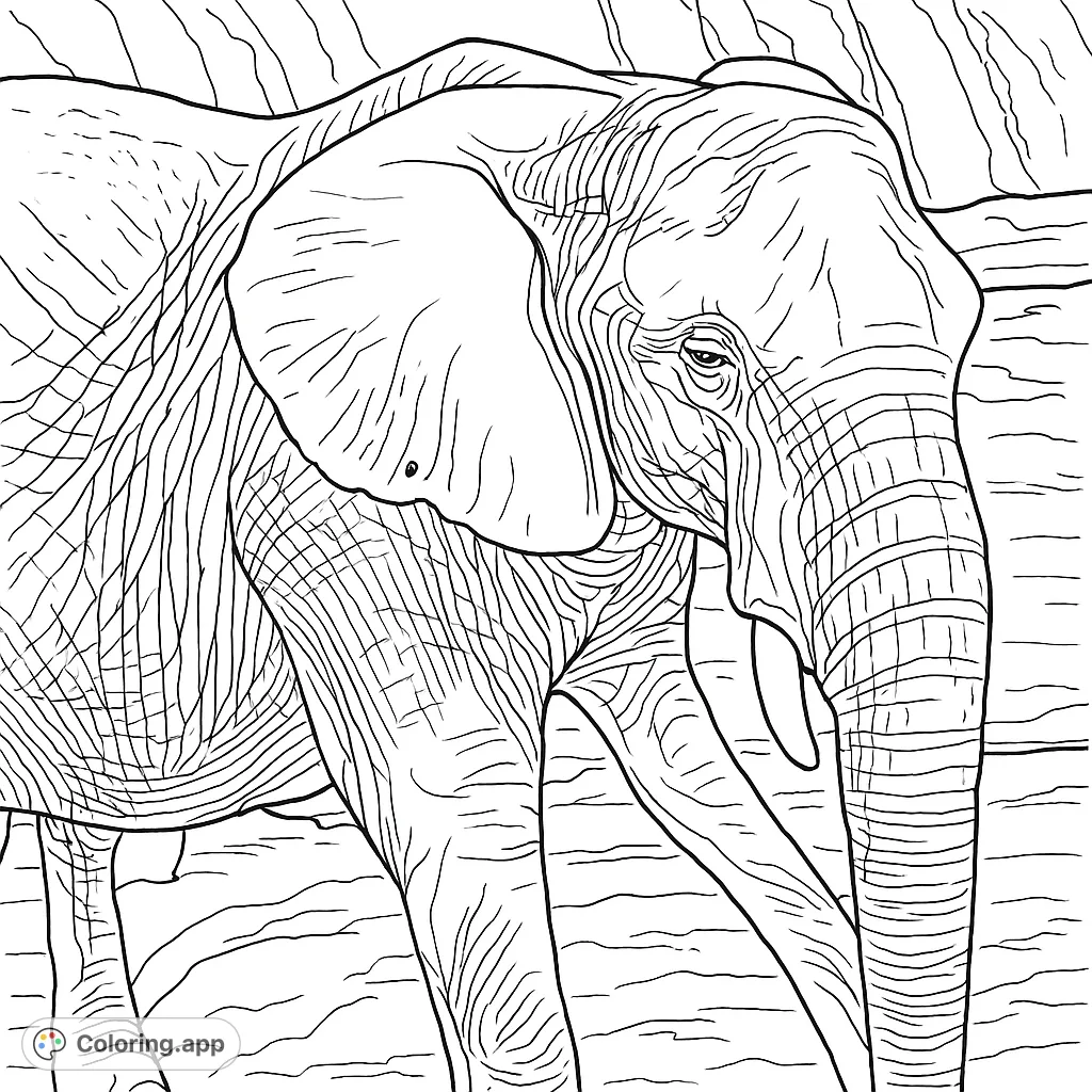 Discover a detailed elephant coloring page, perfect for exploring textures and shading. Features a majestic elephant with intricate skin folds and a rocky background.