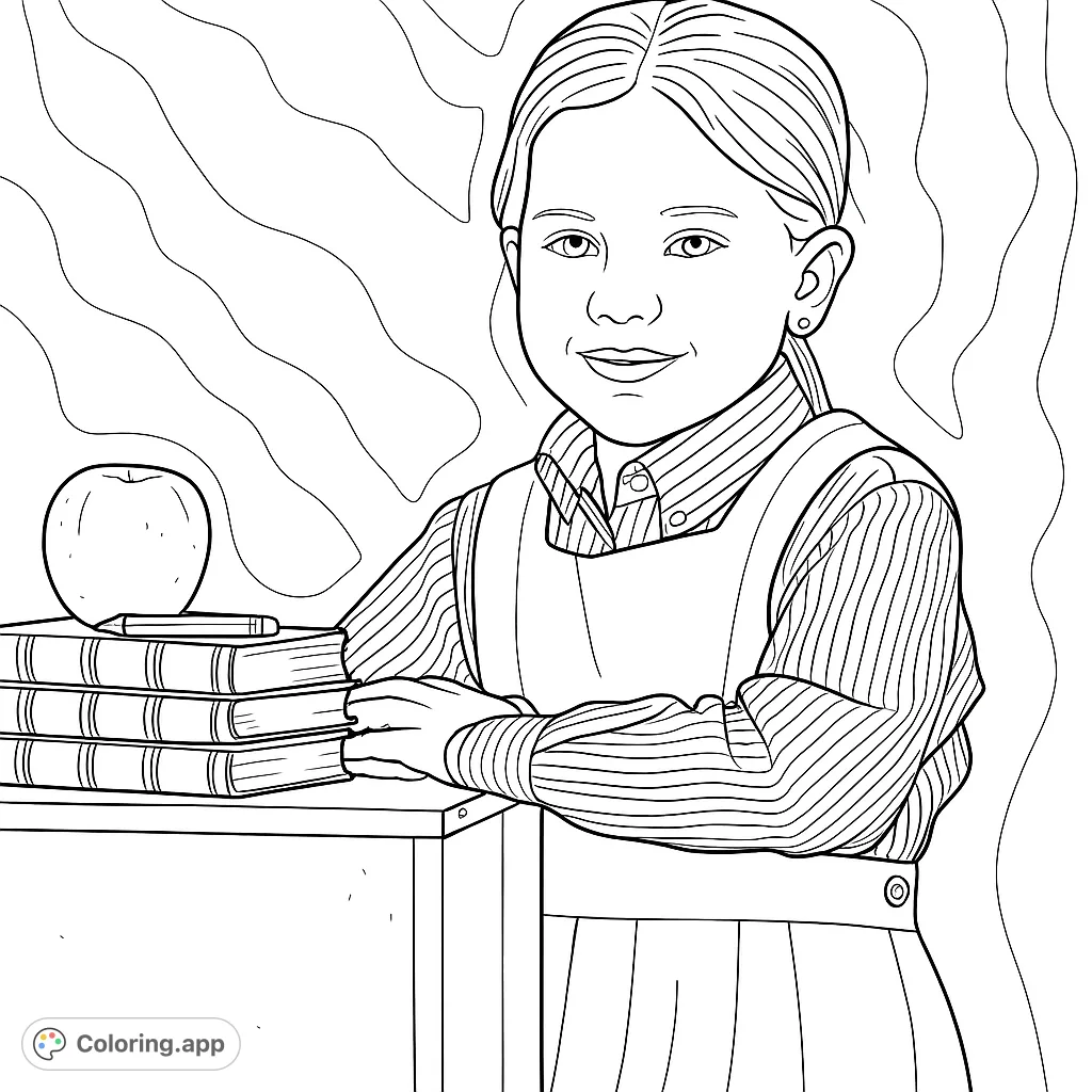 A charming school girl with books and an apple, ready for learning. Perfect for back-to-school themes and educational fun.