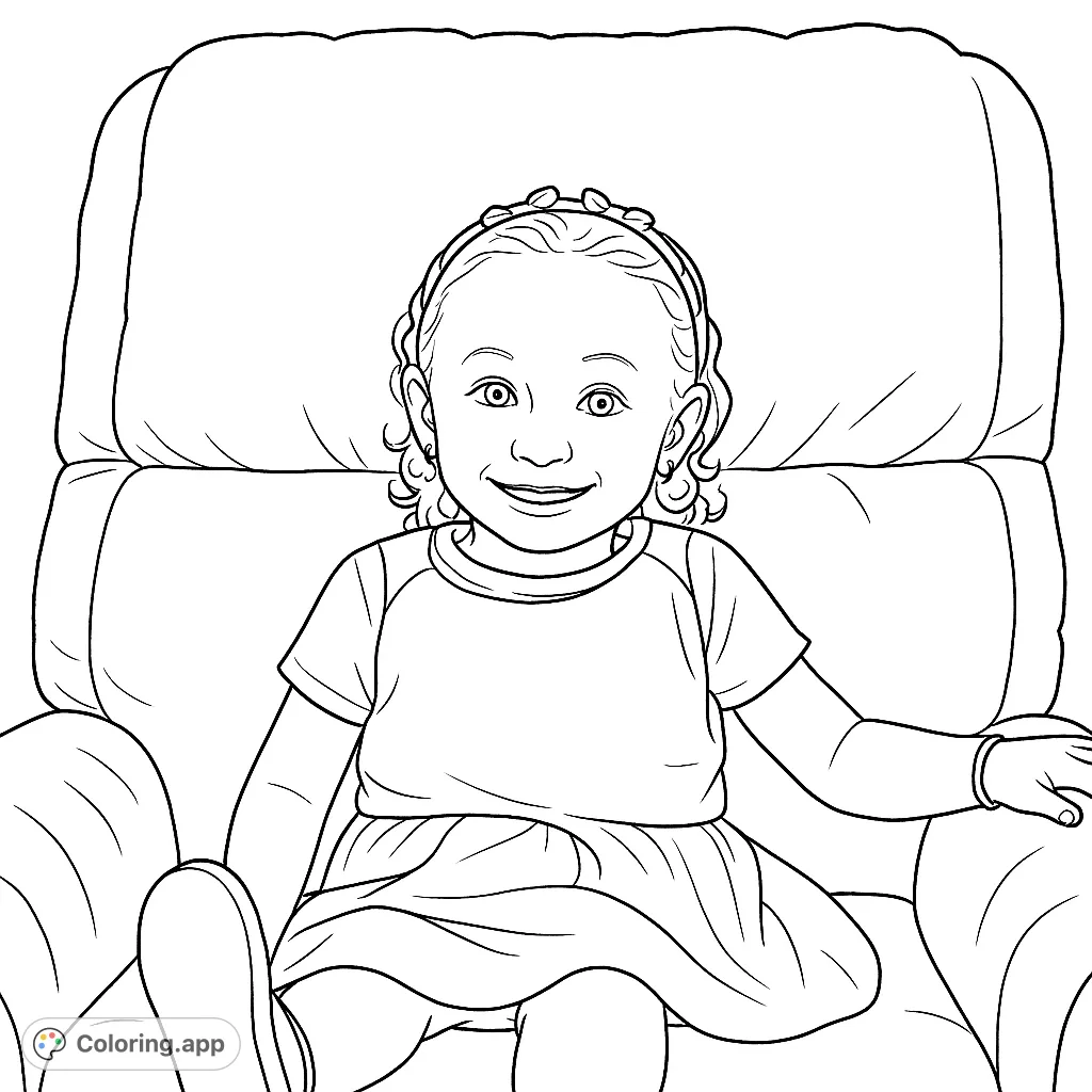 A delightful coloring page featuring a smiling child in a cozy armchair, perfect for young artists to bring to life with their favorite colors and creativity.