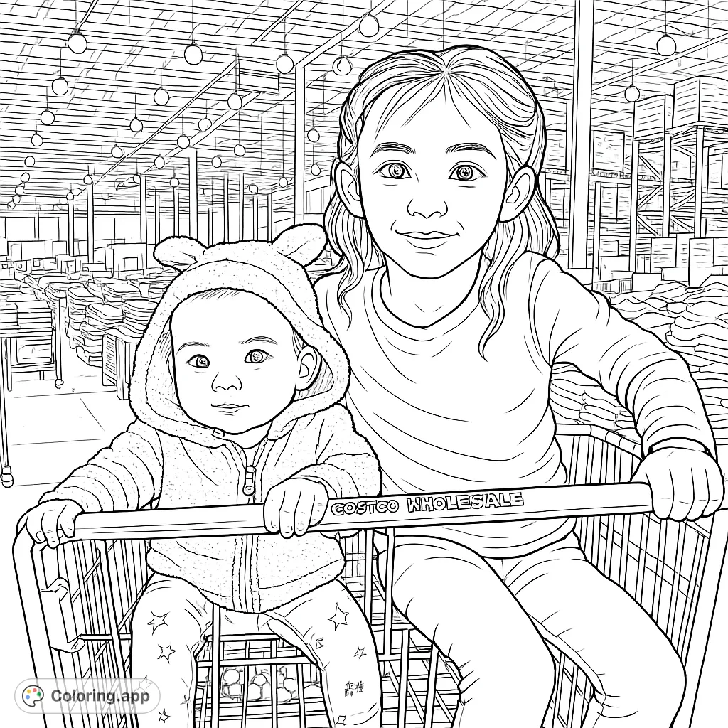Join two children on a fun shopping adventure in a bustling store. A delightful free printable coloring page for all ages to enjoy!