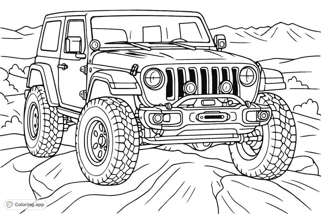 A powerful off-road vehicle poised on rocky terrain, featuring a detailed grille, robust tires, and a rugged landscape. Ready for any adventure.