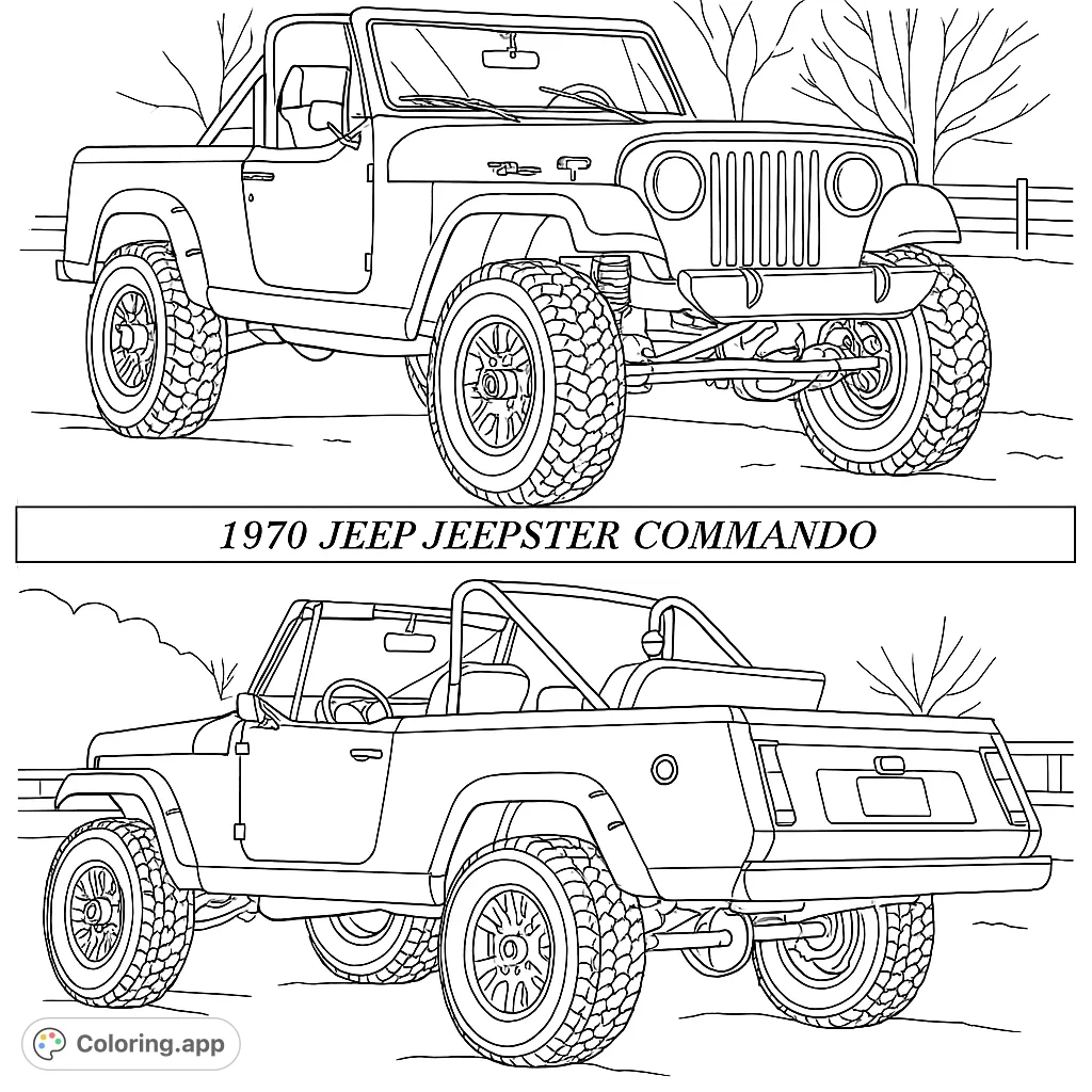 Detailed 1970 Jeepster Commando, a classic off-road vehicle with rugged tires and a distinctive grille, ready for adventure.