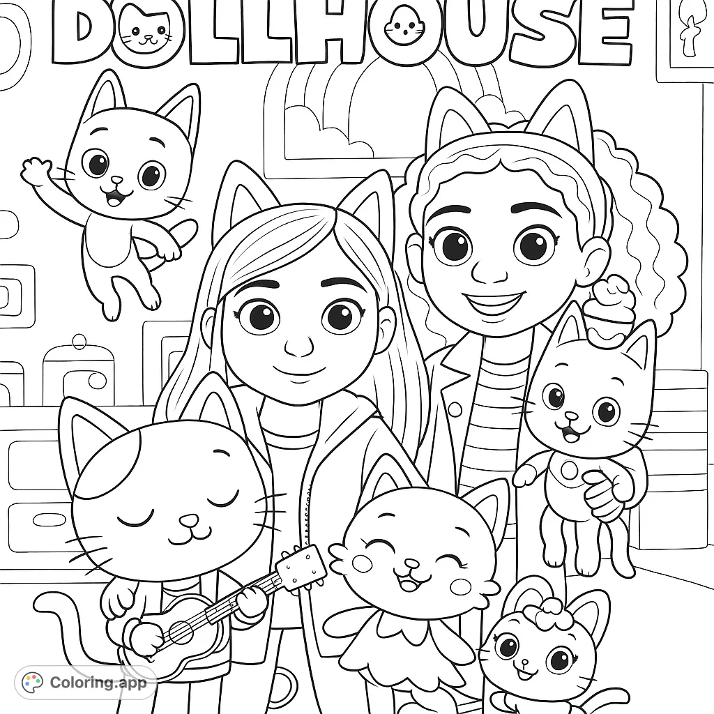 Join Gabby and her feline friends in a delightful dollhouse adventure! A fun, free printable coloring page for kids and fans of the show.