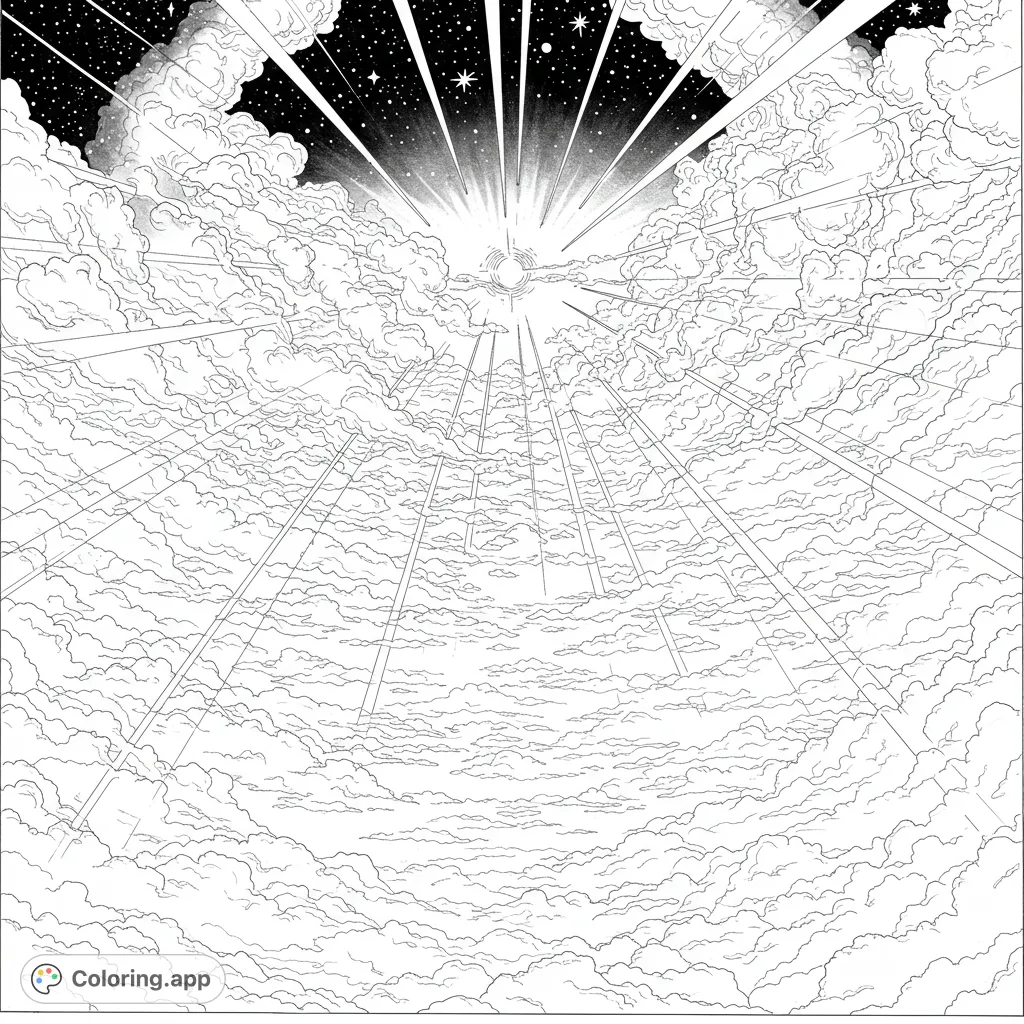Immerse yourself in the awe-inspiring grandeur of the heavens. This majestic celestial coloring page invites you to explore infinite skies and radiant light.