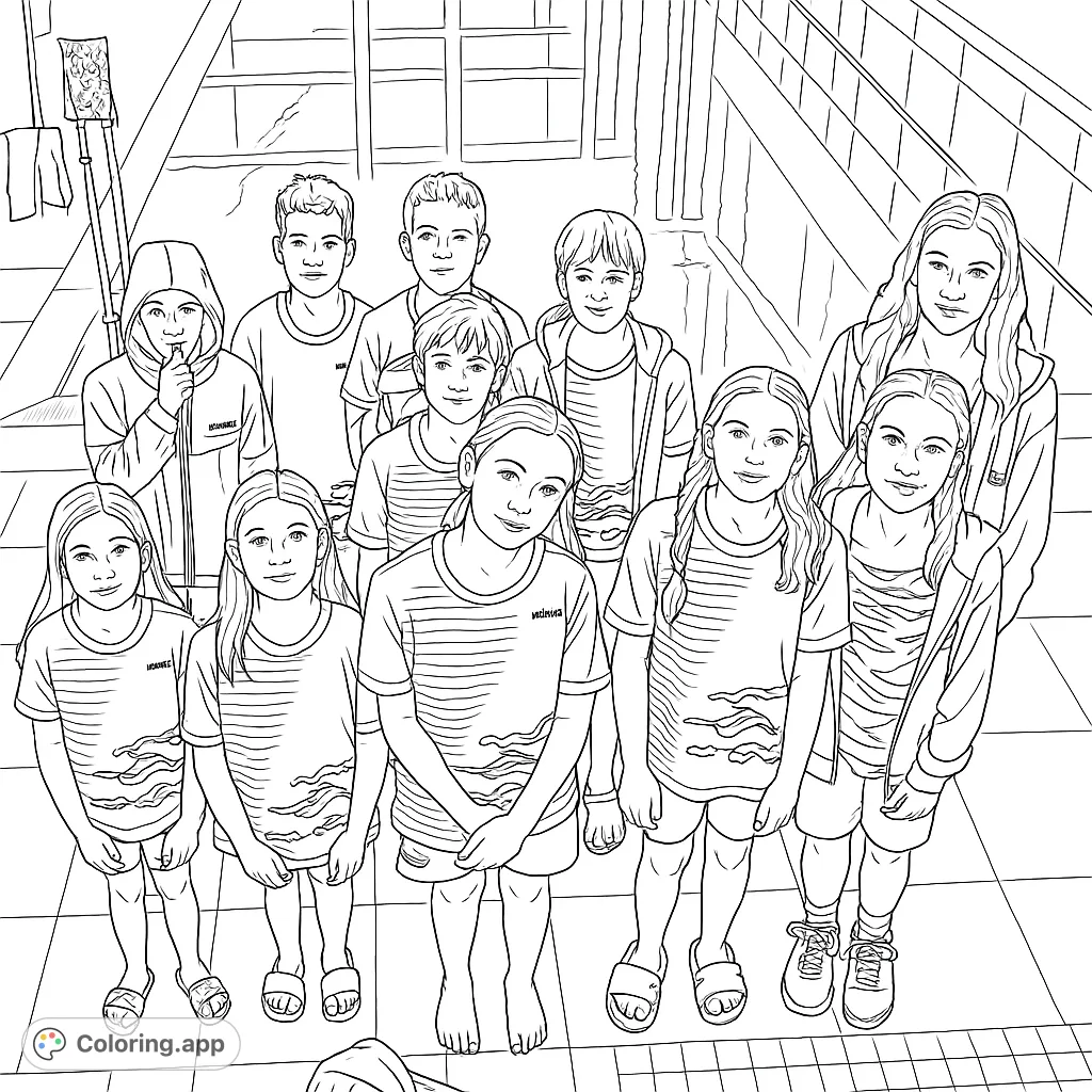 Join a group of young swimmers ready for action at the pool. This free printable swimming coloring page captures team spirit and aquatic fun for all ages.