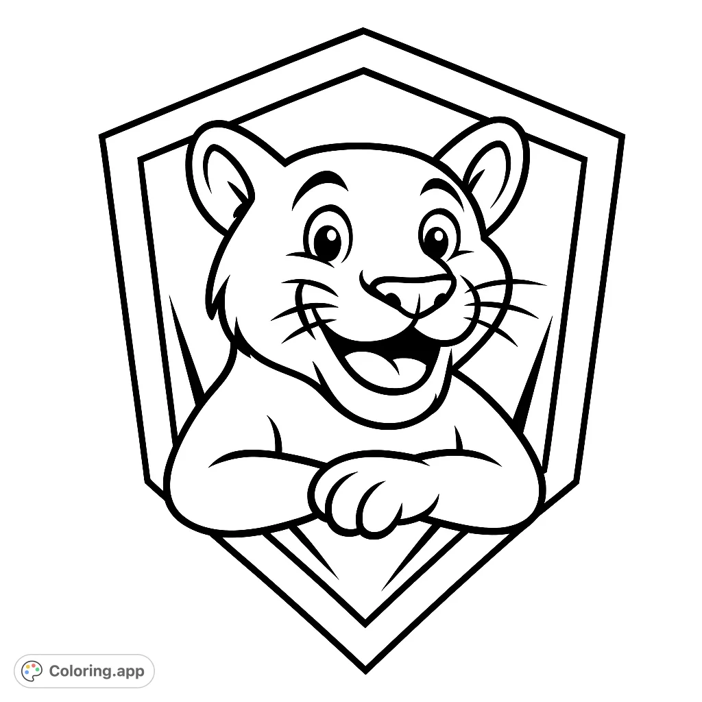 A cheerful cartoon cougar mascot within a shield emblem, perfect for young animal lovers. A fun and engaging cougar coloring page.