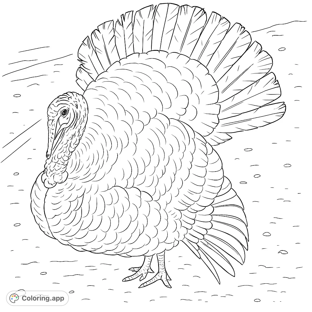 Color a magnificent turkey with its impressive fanned tail and textured features. A detailed animal coloring page for all ages.