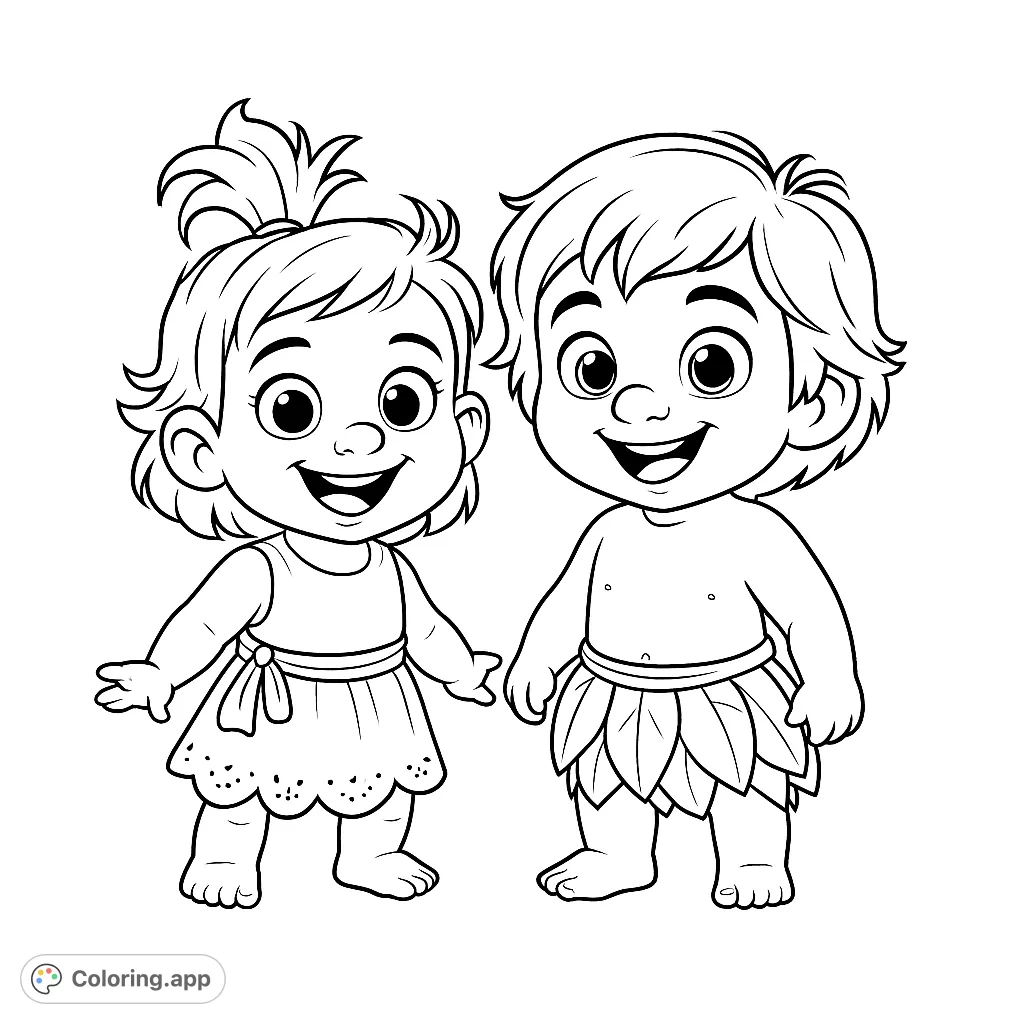Two adorable baby characters, a girl in a simple dress and a boy in a leaf skirt, smiling cheerfully. Perfect for a fun, imaginative coloring adventure.