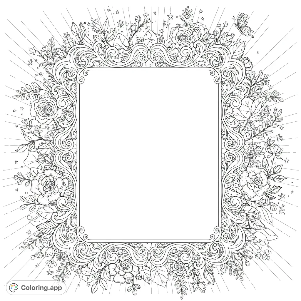 An inspiring design with an ornate central frame, blooming flowers, graceful butterflies, and radiating light, perfect for positive quotes and mindful coloring.