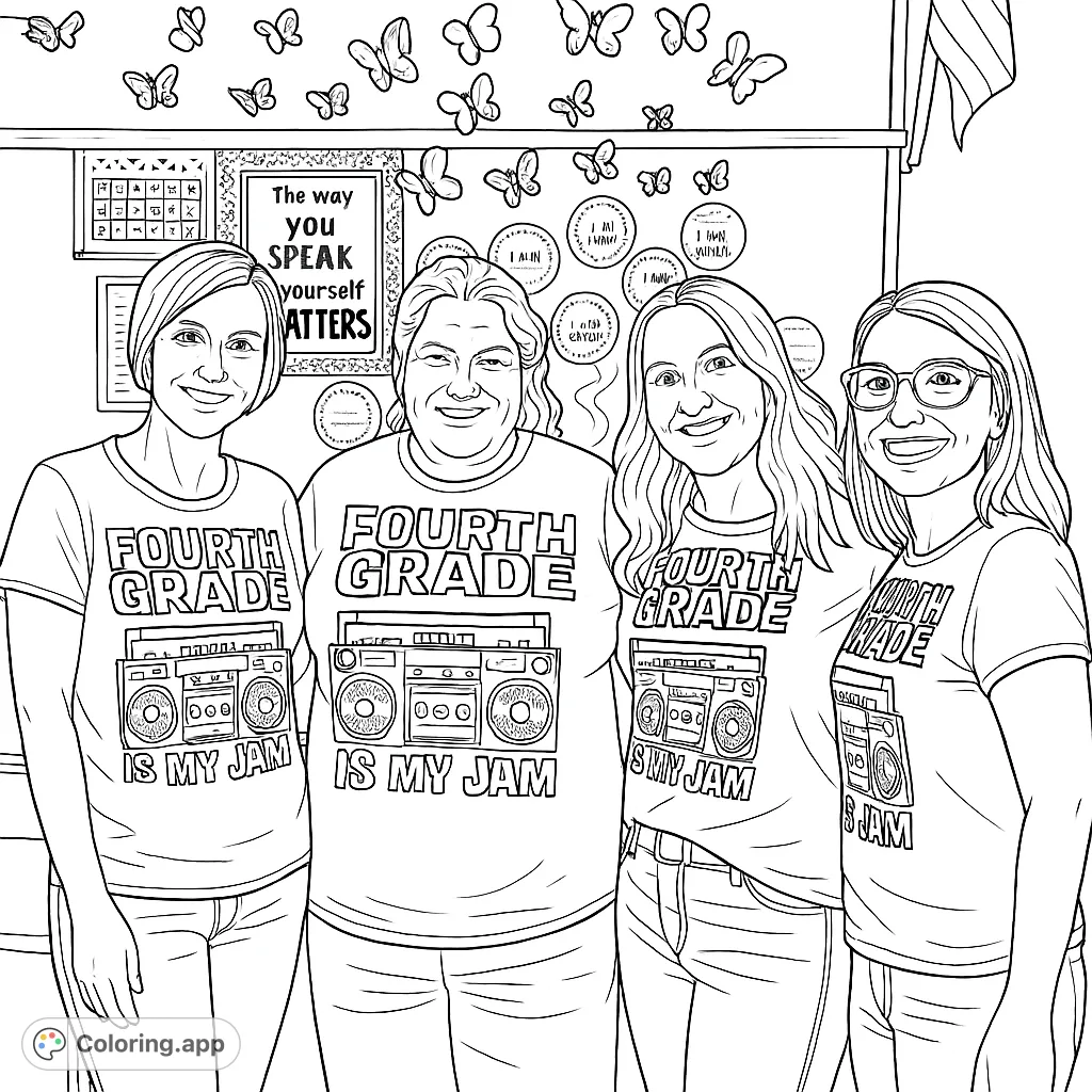 Four smiling teachers in 'Fourth Grade Is My Jam' shirts, ready for a fun school year. Perfect for students and educators.