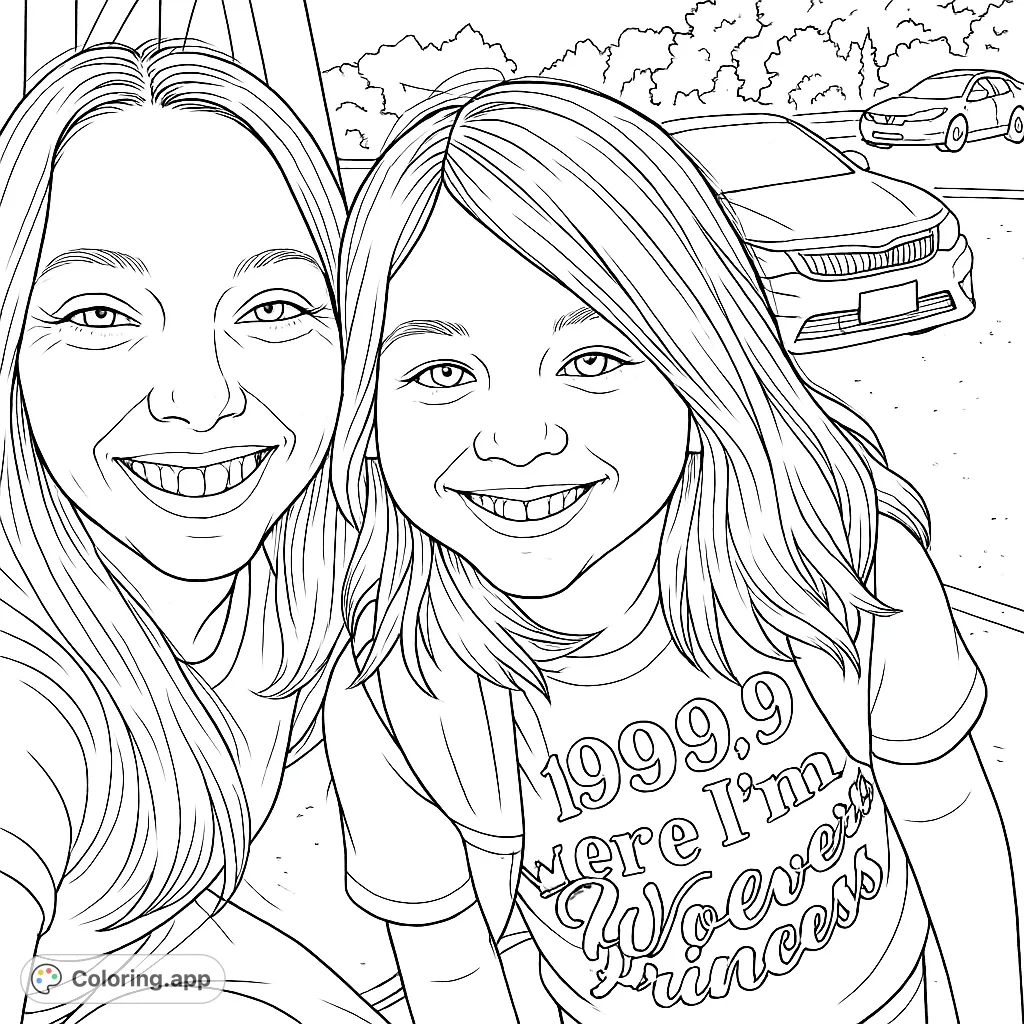 Capture a heartwarming moment with this family portrait coloring page, featuring a smiling woman and girl. Perfect for all ages!