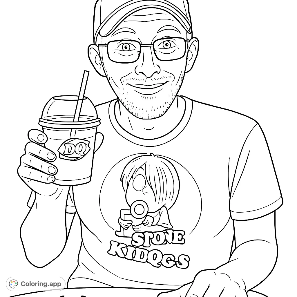 Capture a relaxed outdoor moment with this free printable casual scene coloring page. Features a smiling person holding a drink, perfect for all ages.