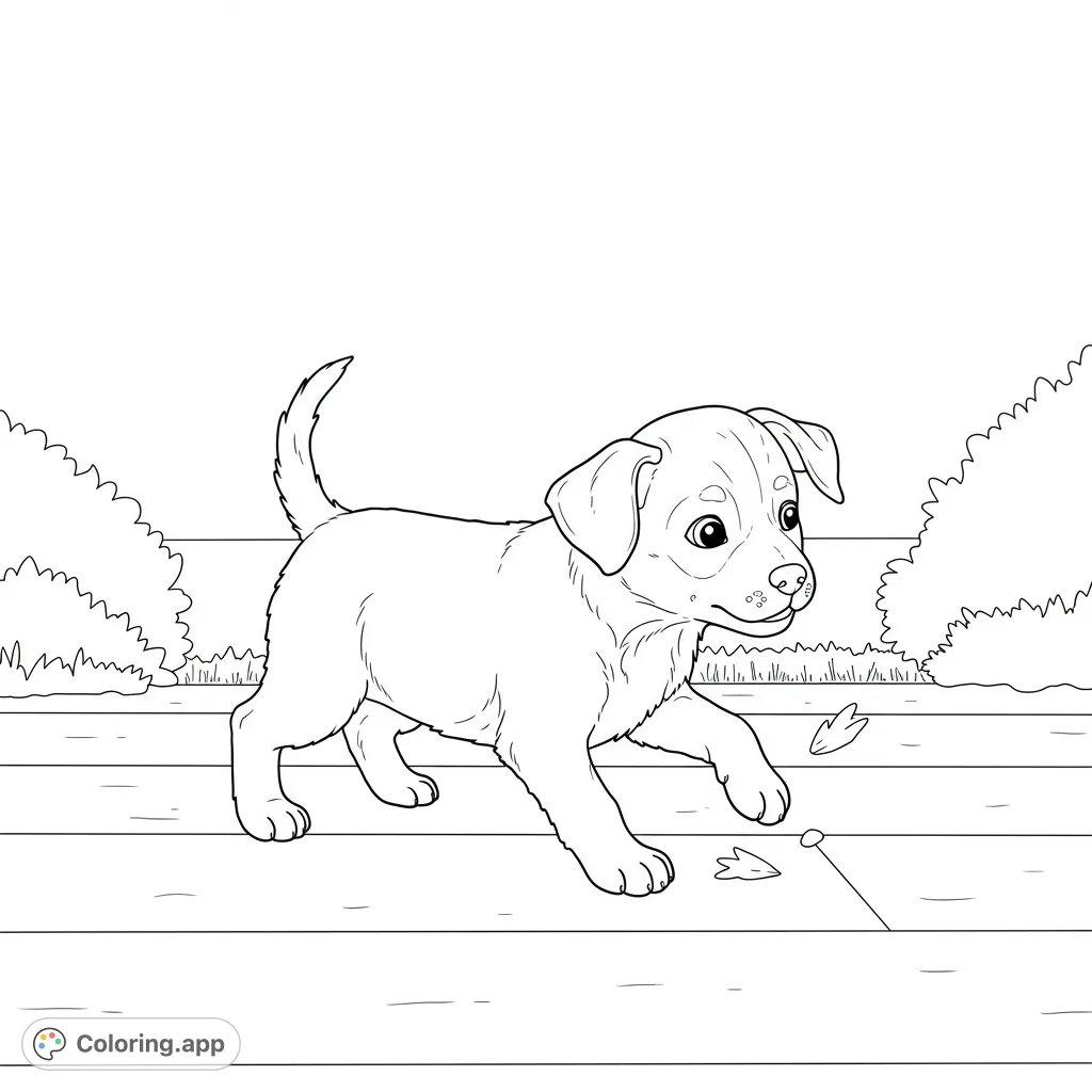 A delightful puppy playing happily in a sun-drenched outdoor setting. Perfect for a free printable puppy coloring page.