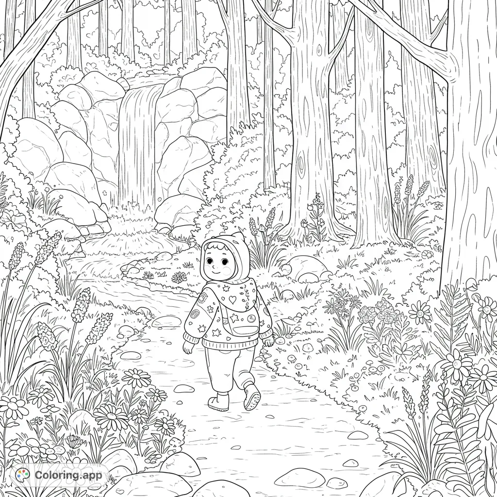 Embark on a whimsical forest adventure! A child explores a winding path past a gentle waterfall and towering trees, with wildflowers and dappled light.
