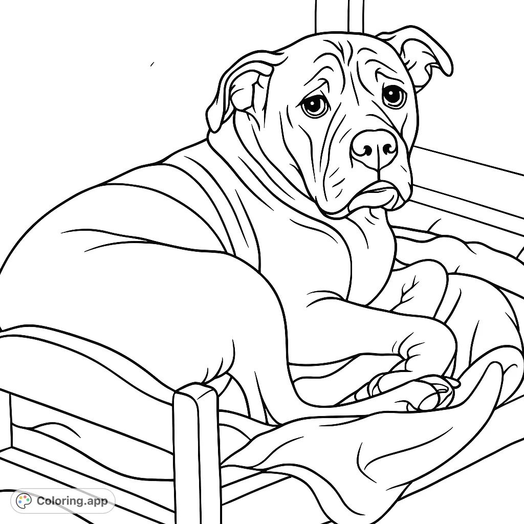 A heartwarming dog coloring page featuring a loyal canine companion resting cozily in its bed, perfect for pet lovers of all ages.