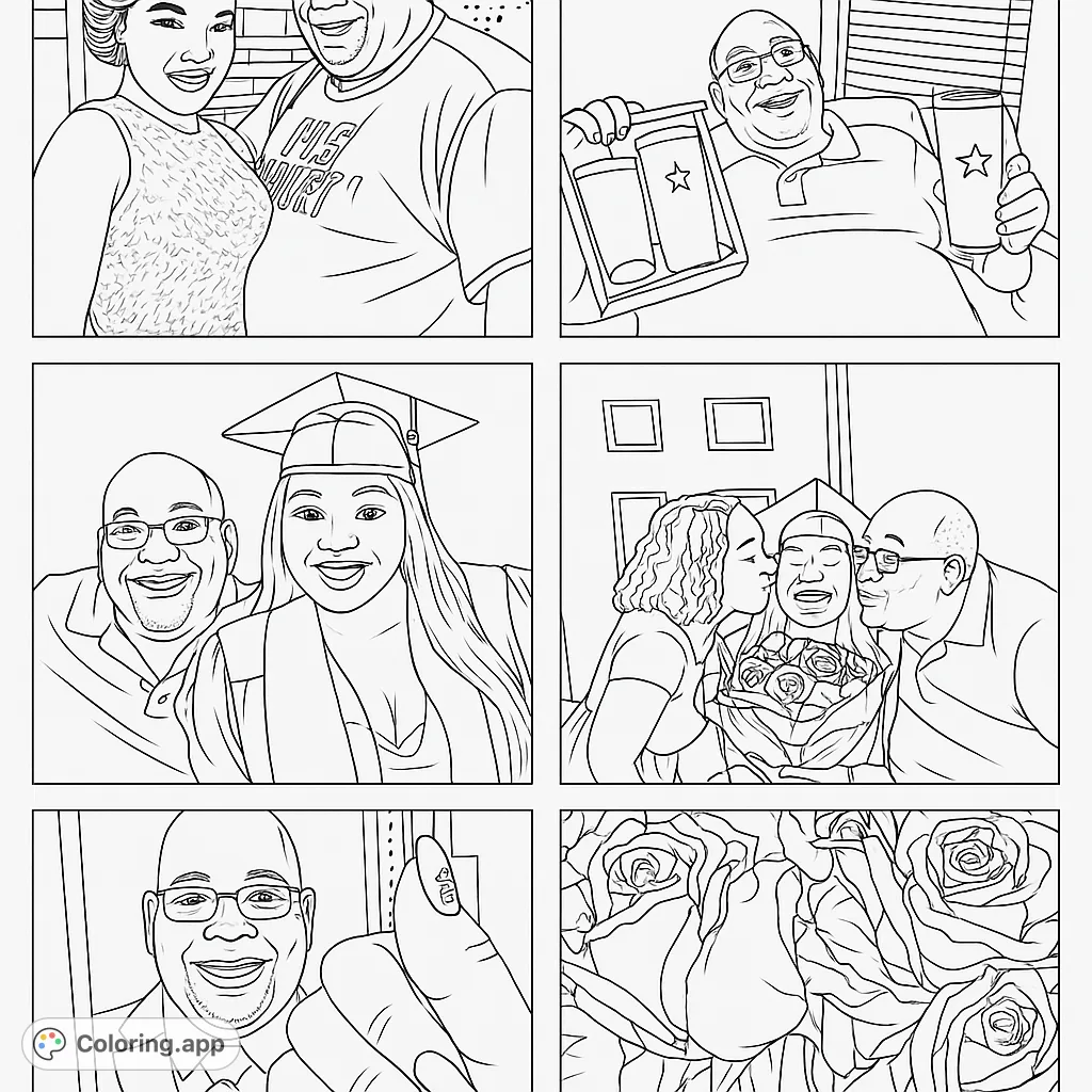 A unique collage coloring page featuring six distinct scenes: family celebrations, graduation, and cherished memories. Perfect for personalizing.