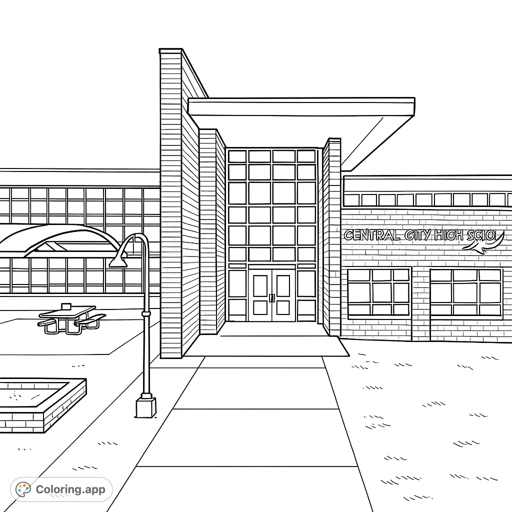 Explore a detailed modern high school building coloring page, featuring intricate brickwork, large windows, and a welcoming entrance. Perfect for all ages.