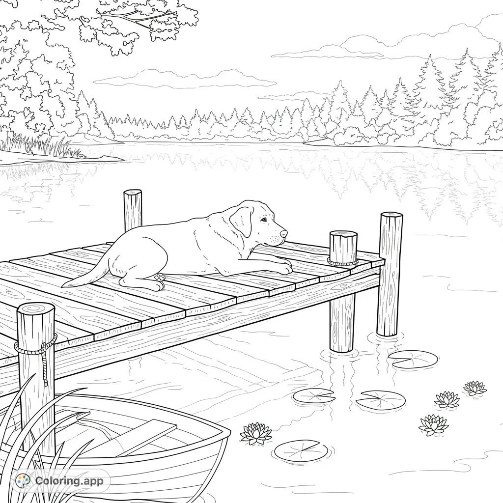 A serene labrador retriever rests on a wooden dock, overlooking a peaceful lake with a distant forest and floating lily pads. Perfect for nature lovers!
