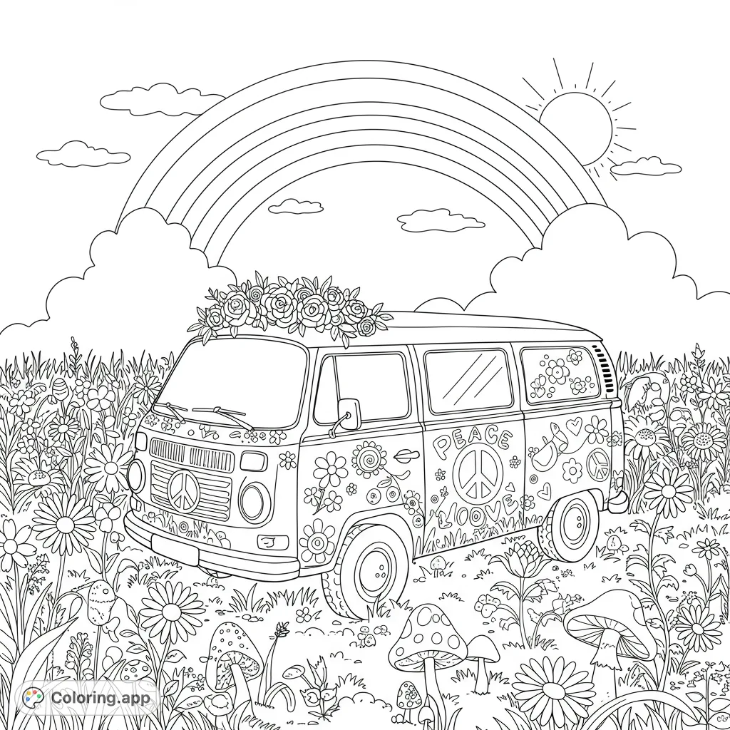 A vintage van adorned with peace signs and floral patterns, parked in a wildflower field under a rainbow. Features whimsical mushrooms and 'Peace and Love' text.