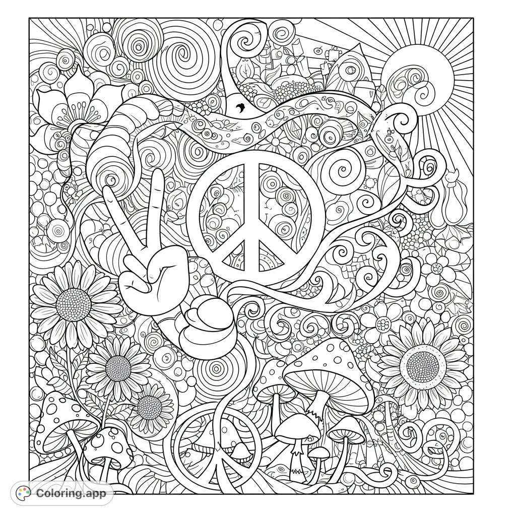 A vibrant peace-themed coloring page with intertwined symbols, detailed flowers, whimsical mushrooms, and a radiant sun. Perfect for creative expression.