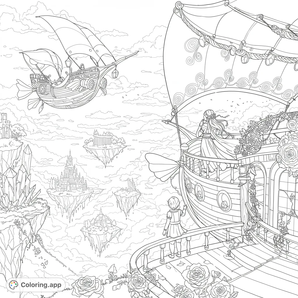 Embark on an aerial adventure with a magnificent airship soaring above mystical floating islands, ancient ruins, and crystal forests. A captivating fantasy scene.