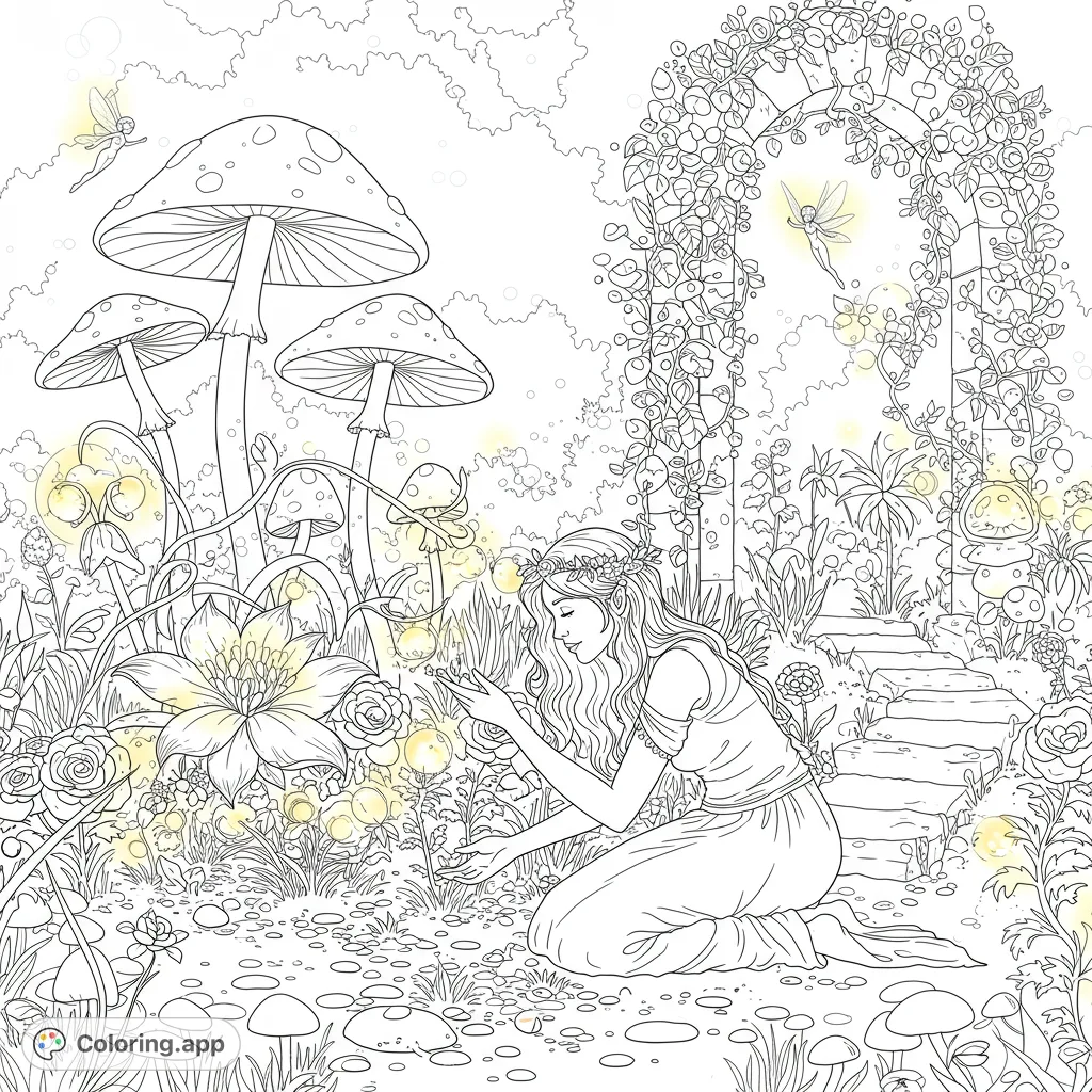 Discover a woman tending to magical, light-emitting plants in an enchanted garden, surrounded by shimmering flora, iridescent mushrooms, and tiny, winged sprites.