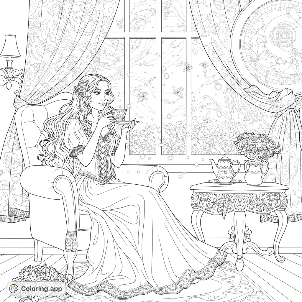 Discover a serene woman enjoying tea amidst swirling stardust, luminous fireflies, and a tapestry of mythical creatures. A magical escape awaits!
