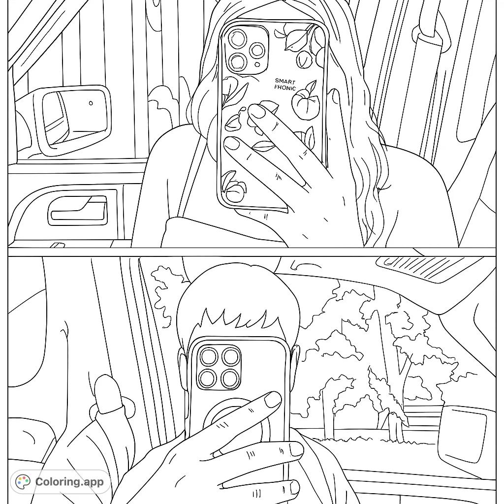 Two unique portraits featuring individuals holding smartphones, each with distinct phone case designs, set within a vehicle interior. A modern and engaging coloring experience.