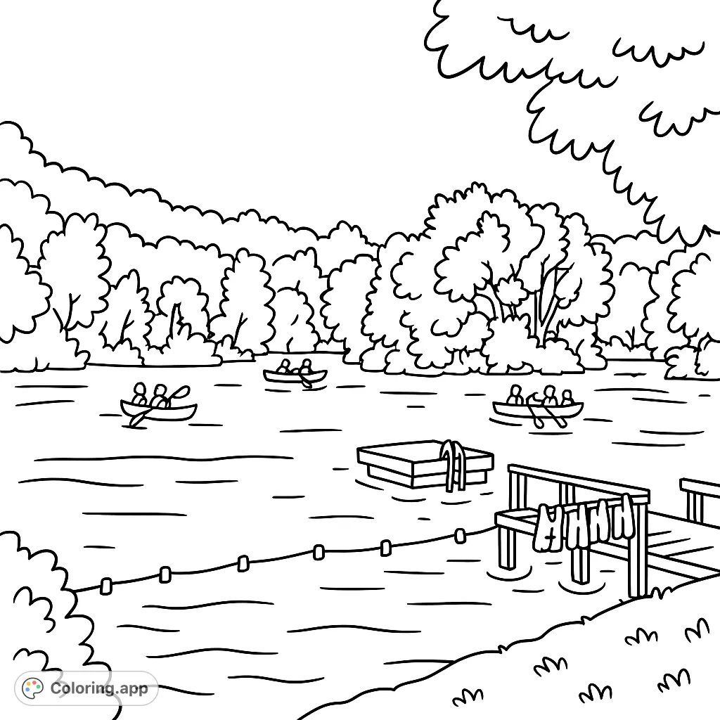 Explore a serene lake surrounded by lush forests, featuring small boats and docks. A perfect nature scene for a relaxing coloring experience.